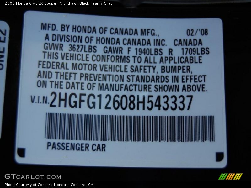Nighthawk Black Pearl / Gray 2008 Honda Civic LX Coupe