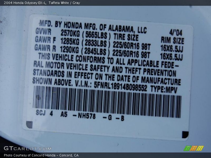 Taffeta White / Gray 2004 Honda Odyssey EX-L