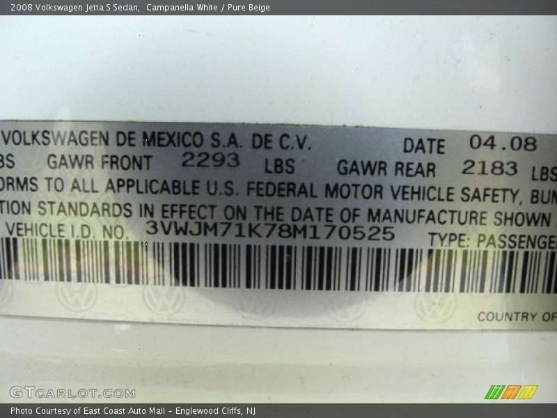 Campanella White / Pure Beige 2008 Volkswagen Jetta S Sedan