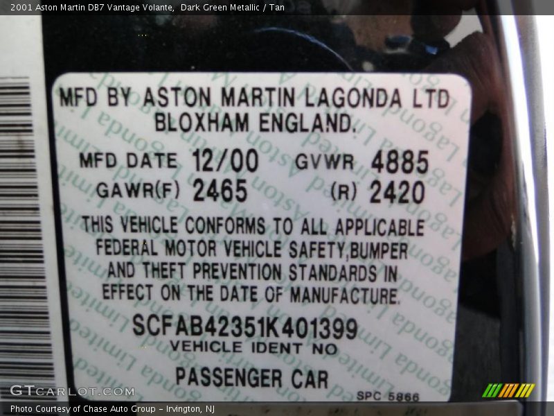 Dark Green Metallic / Tan 2001 Aston Martin DB7 Vantage Volante