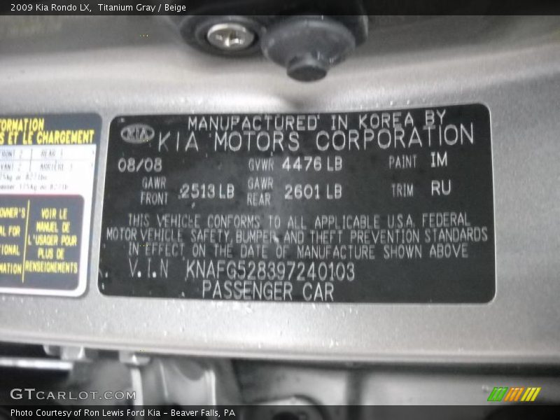 Titanium Gray / Beige 2009 Kia Rondo LX