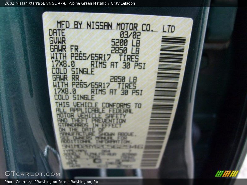 Alpine Green Metallic / Gray Celadon 2002 Nissan Xterra SE V6 SC 4x4
