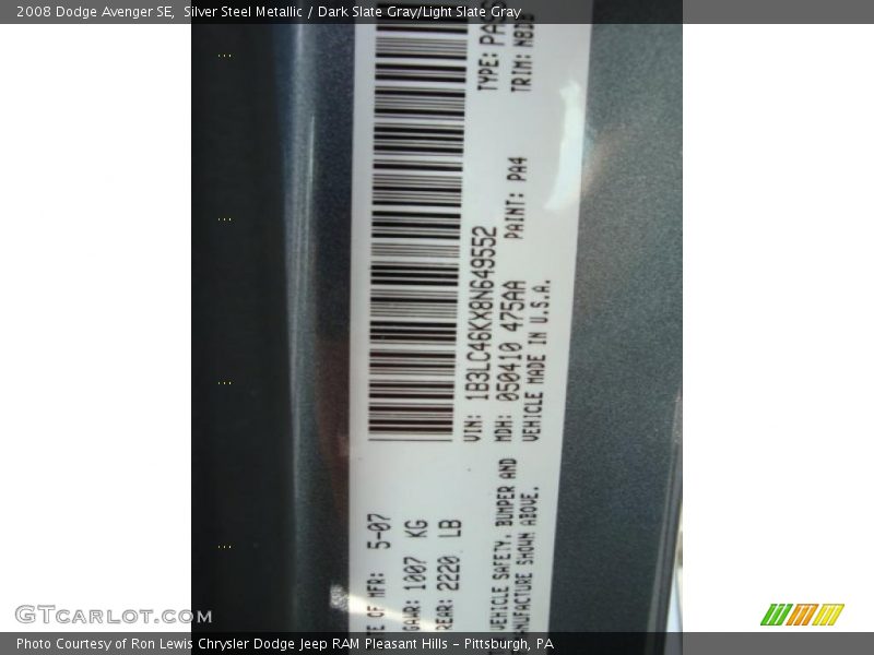 Silver Steel Metallic / Dark Slate Gray/Light Slate Gray 2008 Dodge Avenger SE