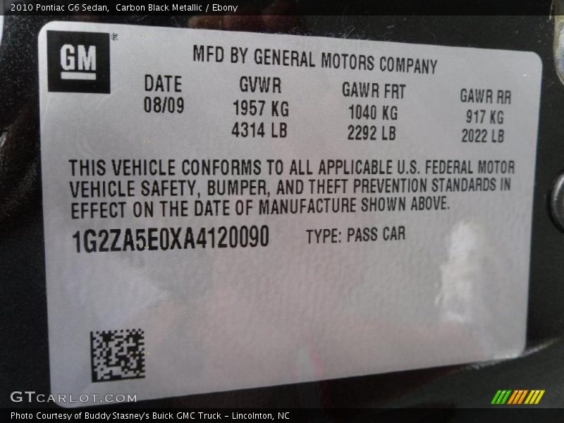 Carbon Black Metallic / Ebony 2010 Pontiac G6 Sedan
