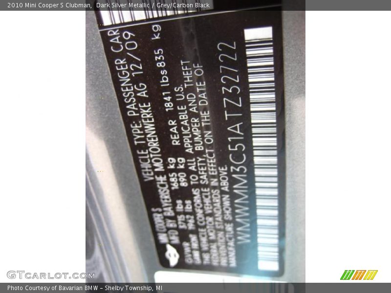 Dark Silver Metallic / Grey/Carbon Black 2010 Mini Cooper S Clubman