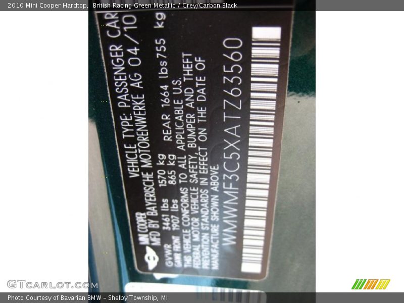 British Racing Green Metallic / Grey/Carbon Black 2010 Mini Cooper Hardtop