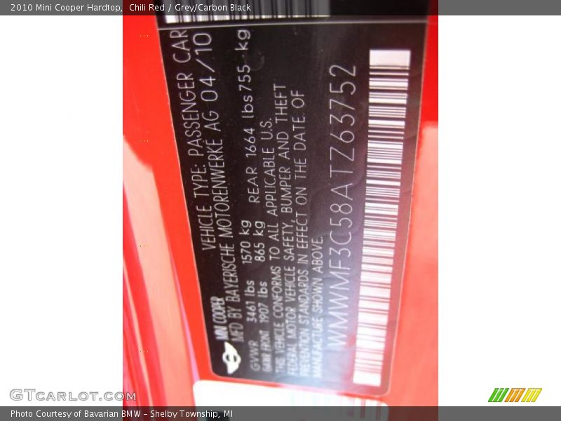Chili Red / Grey/Carbon Black 2010 Mini Cooper Hardtop