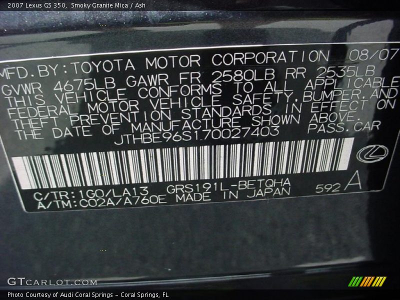 Smoky Granite Mica / Ash 2007 Lexus GS 350