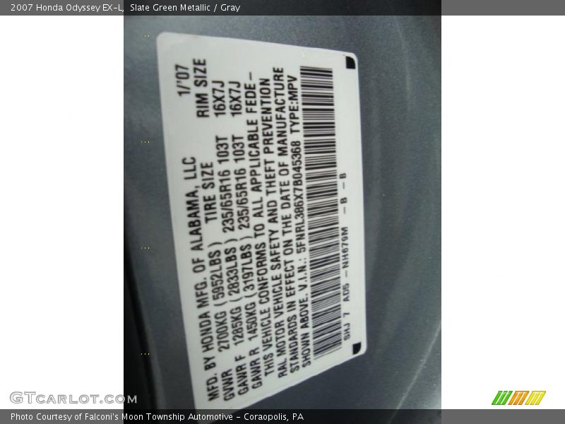 Slate Green Metallic / Gray 2007 Honda Odyssey EX-L