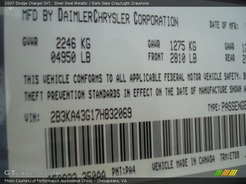 Silver Steel Metallic / Dark Slate Gray/Light Graystone 2007 Dodge Charger SXT