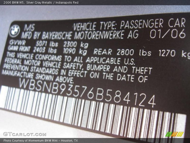 Silver Gray Metallic / Indianapolis Red 2006 BMW M5