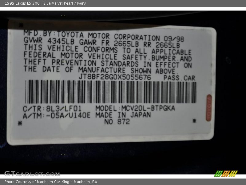 Blue Velvet Pearl / Ivory 1999 Lexus ES 300