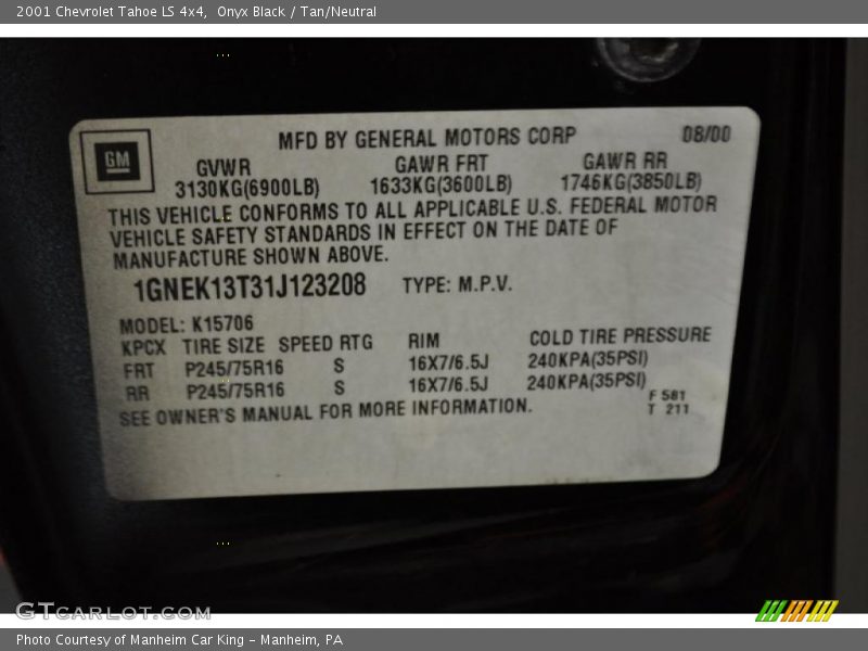 Onyx Black / Tan/Neutral 2001 Chevrolet Tahoe LS 4x4