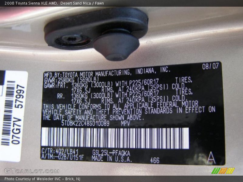 Desert Sand Mica / Fawn 2008 Toyota Sienna XLE AWD