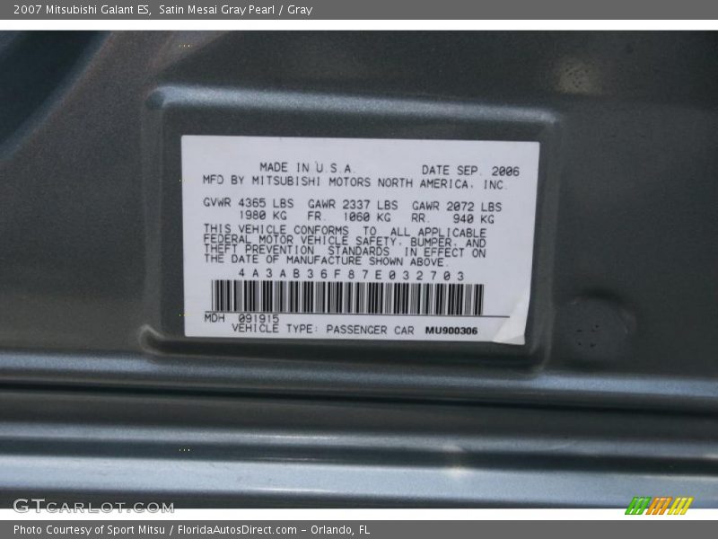 Satin Mesai Gray Pearl / Gray 2007 Mitsubishi Galant ES