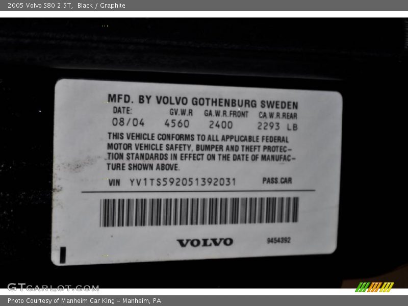Black / Graphite 2005 Volvo S80 2.5T