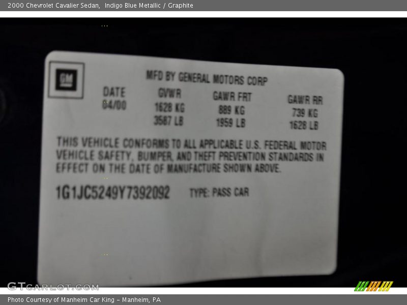 Indigo Blue Metallic / Graphite 2000 Chevrolet Cavalier Sedan
