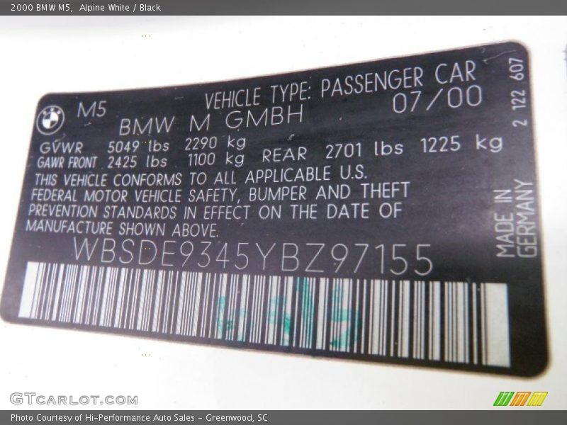 Alpine White / Black 2000 BMW M5