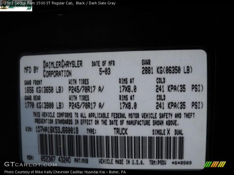 Black / Dark Slate Gray 2003 Dodge Ram 1500 ST Regular Cab