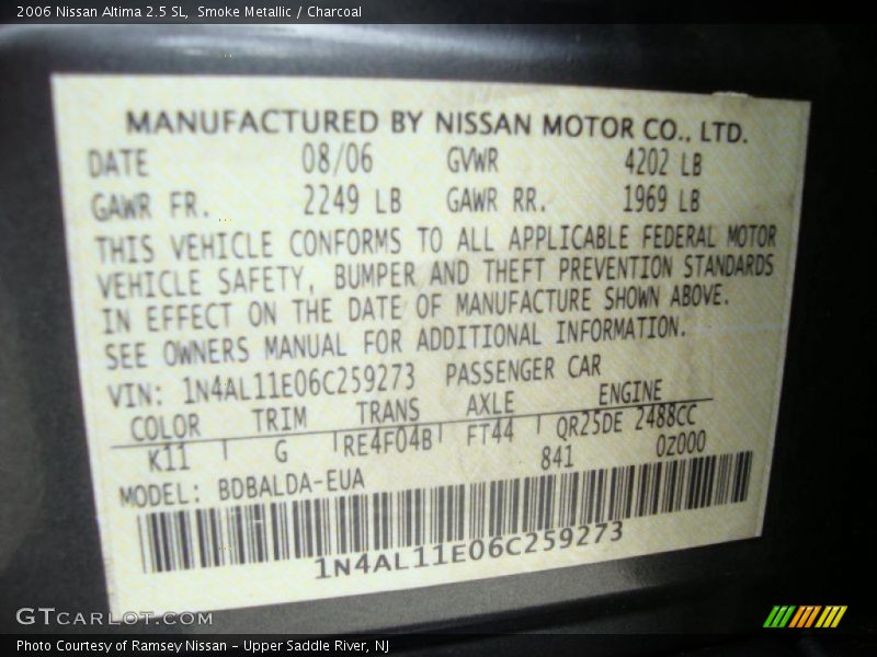 Smoke Metallic / Charcoal 2006 Nissan Altima 2.5 SL