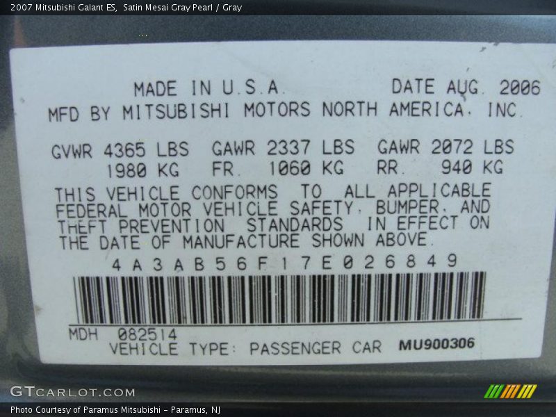 Satin Mesai Gray Pearl / Gray 2007 Mitsubishi Galant ES
