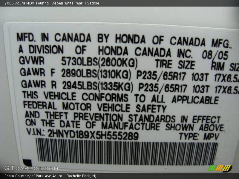 Aspen White Pearl / Saddle 2005 Acura MDX Touring