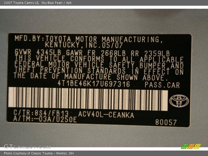 Sky Blue Pearl / Ash 2007 Toyota Camry LE
