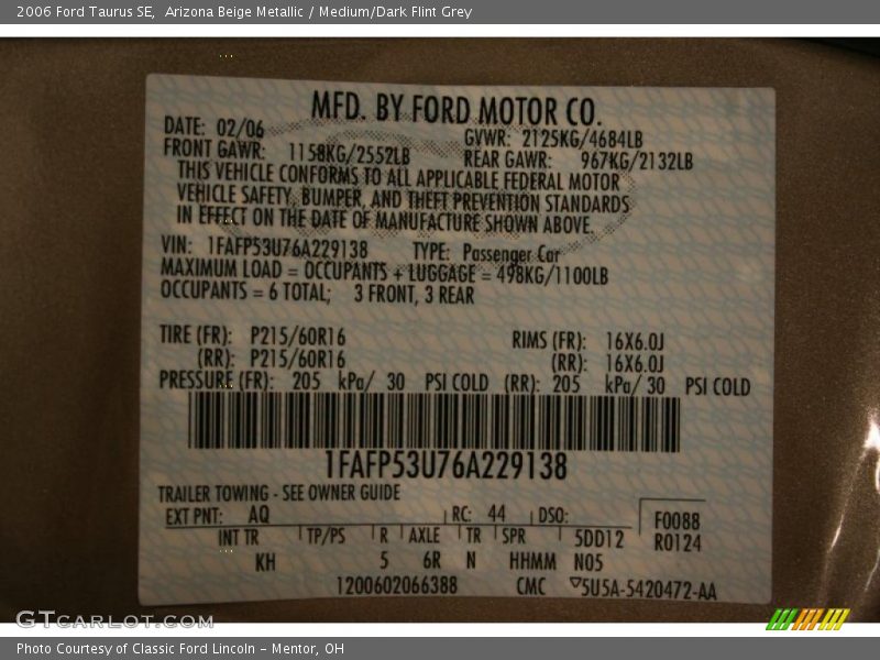 Arizona Beige Metallic / Medium/Dark Flint Grey 2006 Ford Taurus SE