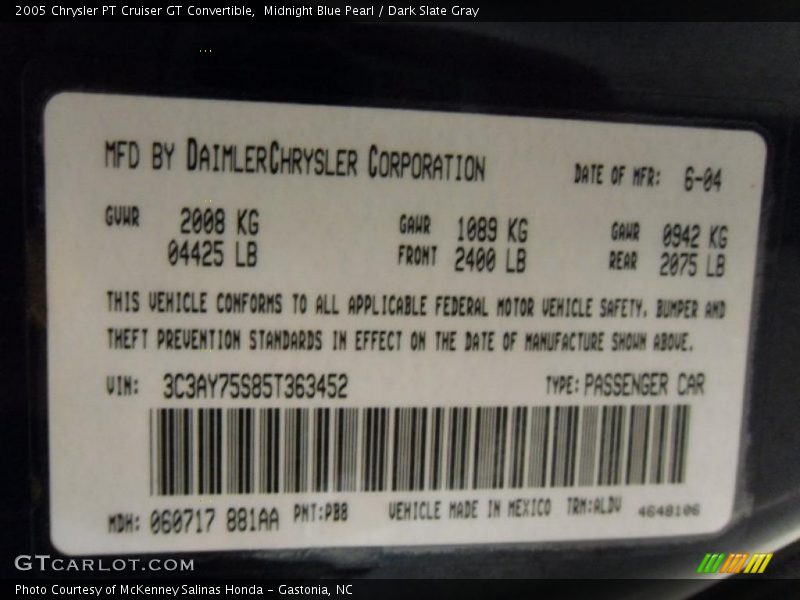 Midnight Blue Pearl / Dark Slate Gray 2005 Chrysler PT Cruiser GT Convertible
