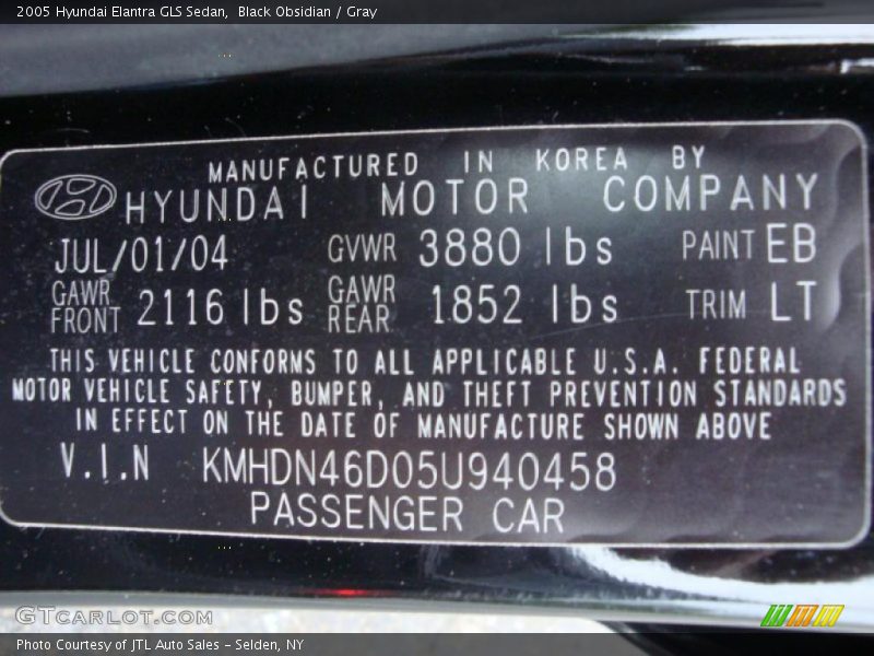 Black Obsidian / Gray 2005 Hyundai Elantra GLS Sedan