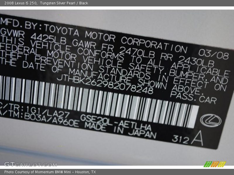 Tungsten Silver Pearl / Black 2008 Lexus IS 250