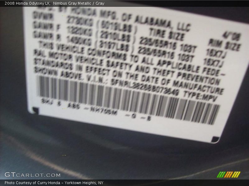 Nimbus Gray Metallic / Gray 2008 Honda Odyssey LX