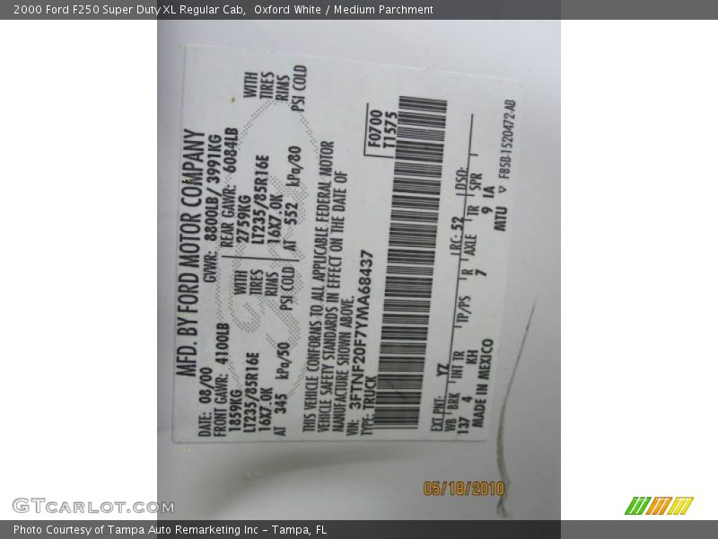 Oxford White / Medium Parchment 2000 Ford F250 Super Duty XL Regular Cab