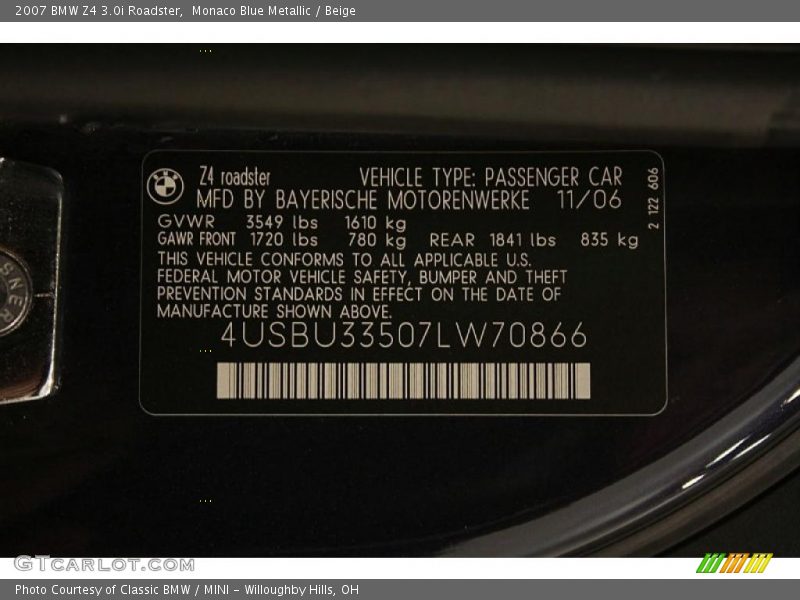 Monaco Blue Metallic / Beige 2007 BMW Z4 3.0i Roadster