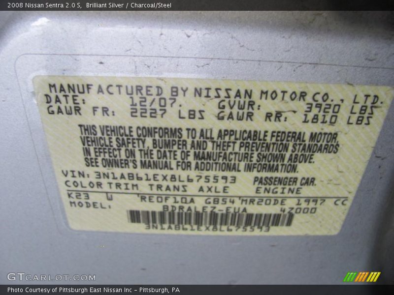 Brilliant Silver / Charcoal/Steel 2008 Nissan Sentra 2.0 S
