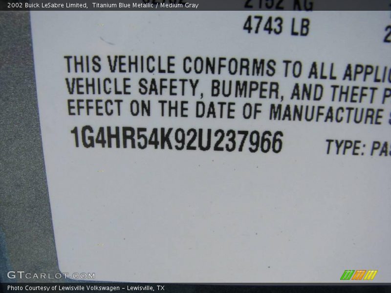 Titanium Blue Metallic / Medium Gray 2002 Buick LeSabre Limited