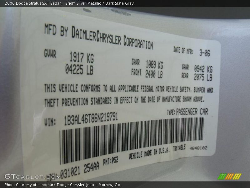 2006 Stratus SXT Sedan Bright Silver Metallic Color Code PS2