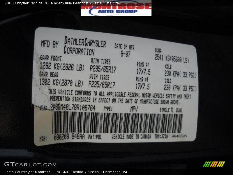 Modern Blue Pearlcoat / Pastel Slate Gray 2008 Chrysler Pacifica LX