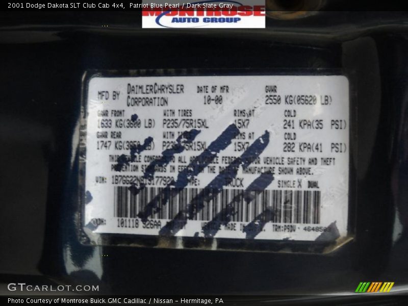 Patriot Blue Pearl / Dark Slate Gray 2001 Dodge Dakota SLT Club Cab 4x4