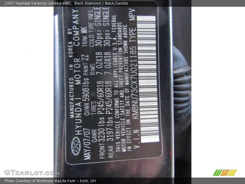 Black Diamond / Black/Saddle 2007 Hyundai Veracruz Limited AWD