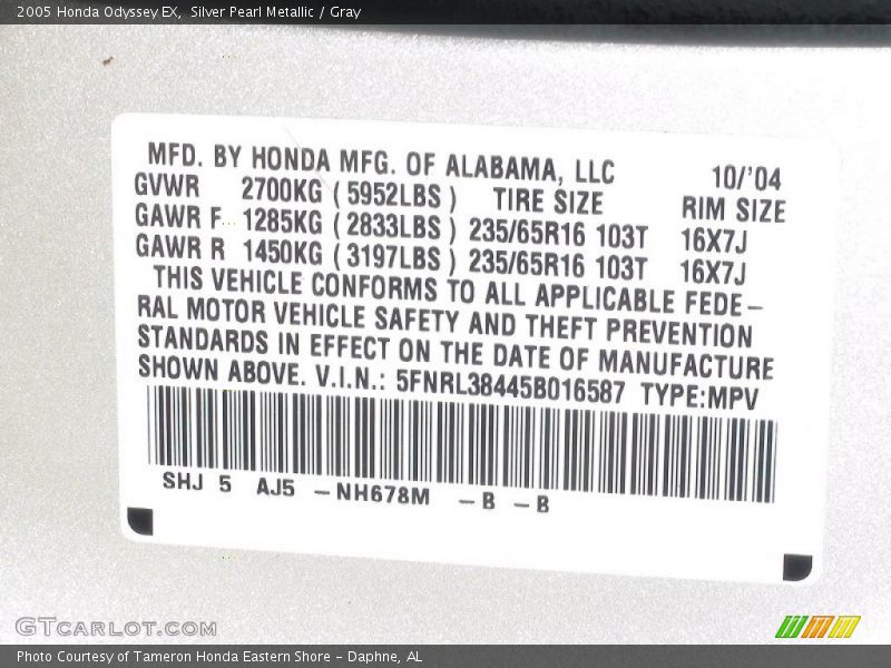 Silver Pearl Metallic / Gray 2005 Honda Odyssey EX