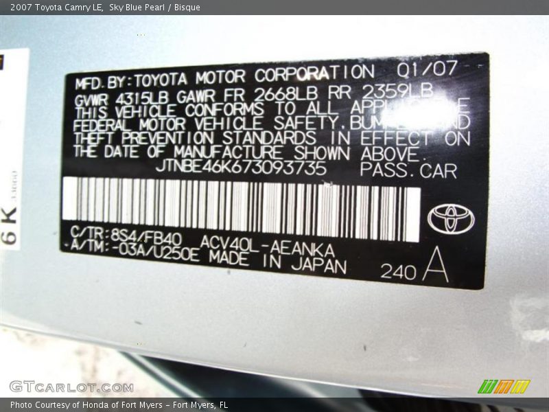 Sky Blue Pearl / Bisque 2007 Toyota Camry LE