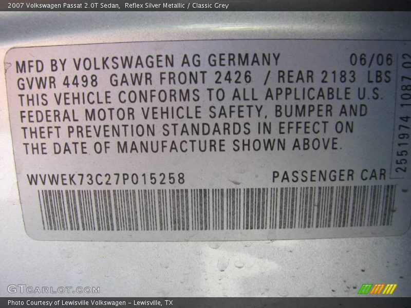 Reflex Silver Metallic / Classic Grey 2007 Volkswagen Passat 2.0T Sedan