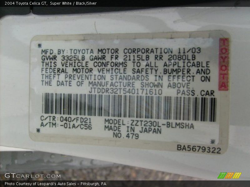 Super White / Black/Silver 2004 Toyota Celica GT
