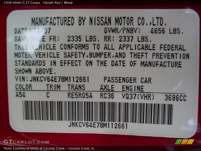 2008 G 37 Coupe Vibrant Red Color Code A54