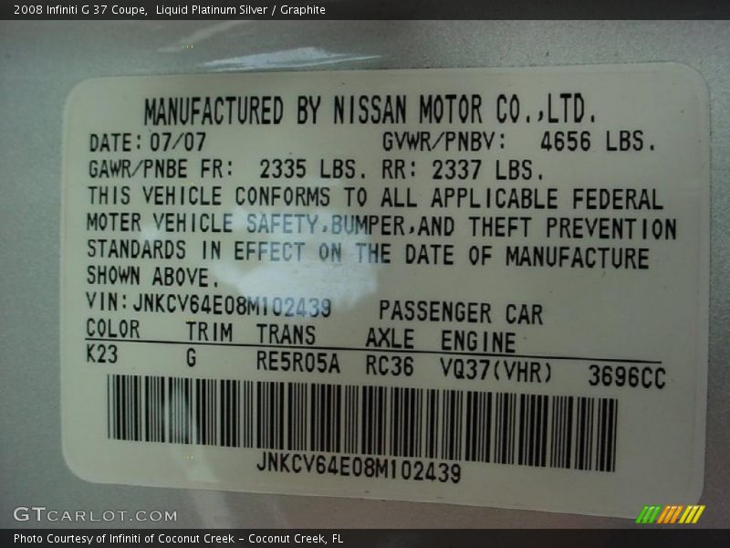 Liquid Platinum Silver / Graphite 2008 Infiniti G 37 Coupe