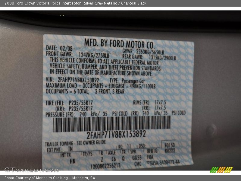 Silver Grey Metallic / Charcoal Black 2008 Ford Crown Victoria Police Interceptor