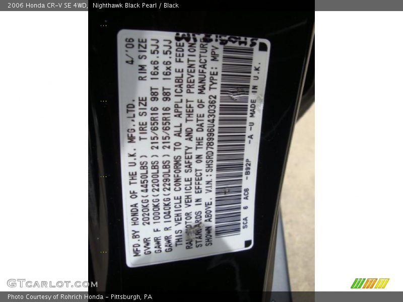 Nighthawk Black Pearl / Black 2006 Honda CR-V SE 4WD