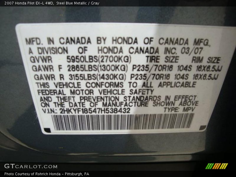 Steel Blue Metallic / Gray 2007 Honda Pilot EX-L 4WD