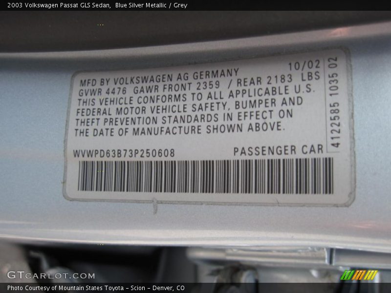 Blue Silver Metallic / Grey 2003 Volkswagen Passat GLS Sedan